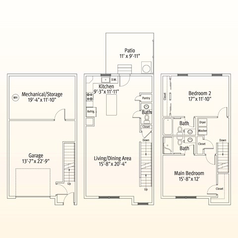 Floor plan for 2 beds, 2.5 baths, 1399 sqft